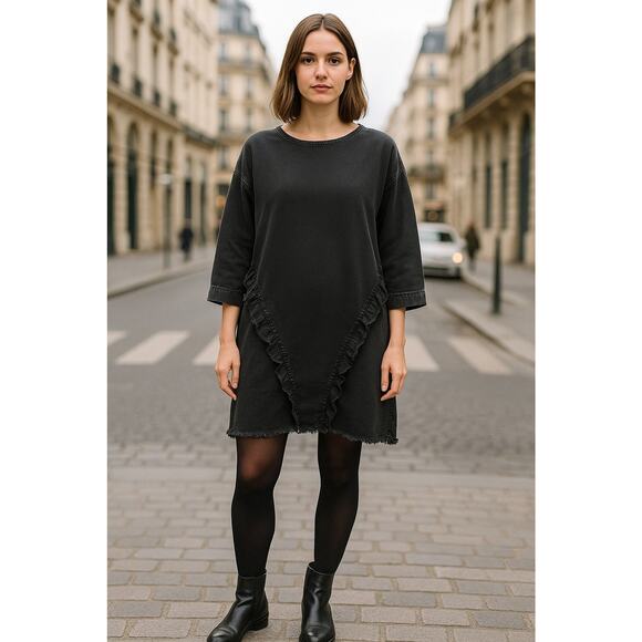 ASOS Denim Black Oversized Tunic Dress UK 18 US 14 Raw Hem Frayed Ruffle Detail - Picture 1 of 11